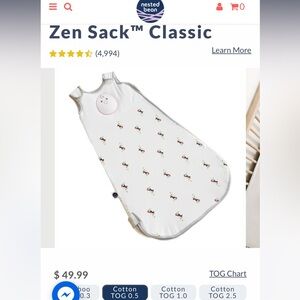 New in Box Nested Bean Weighted Zen Sack - Classic